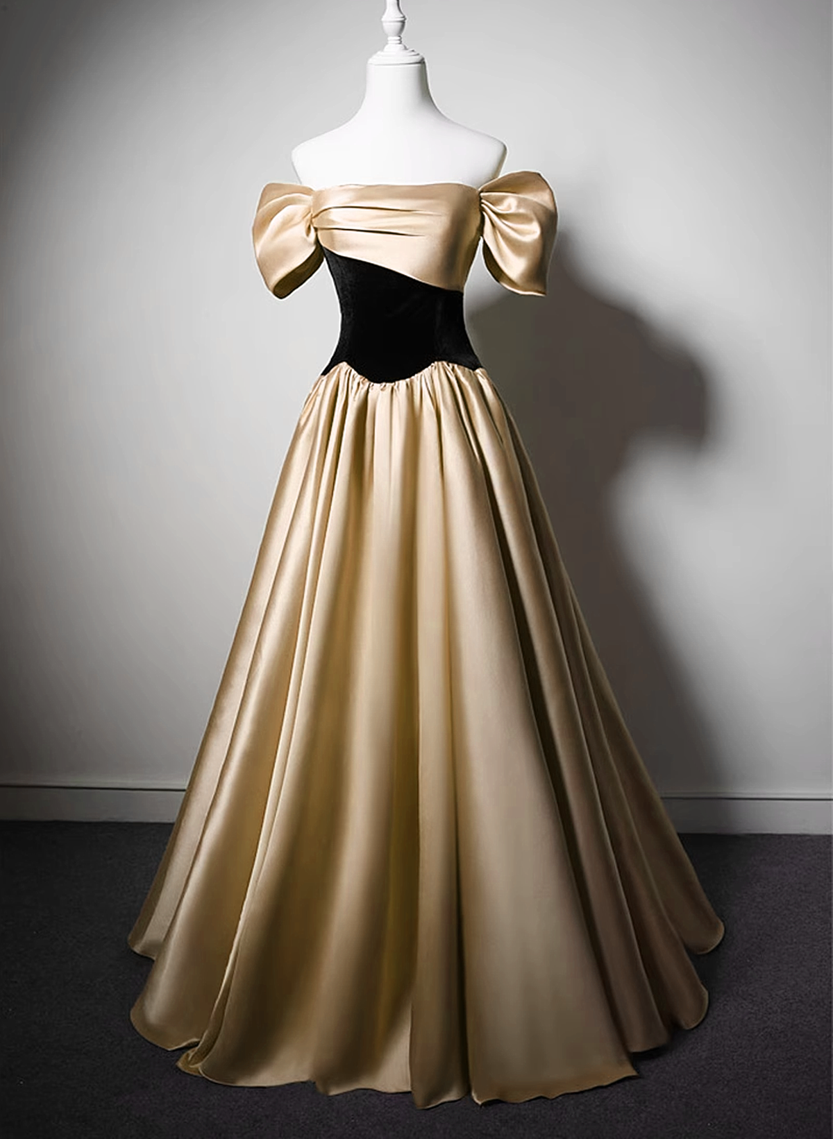Black and Champagne Satin Long Party Dress, Off Shoulder Satin Prom Dr Cutedressy Black and Champagne Satin Long Party Dress, Off Shoulder Satin Prom Dr Cutedressy