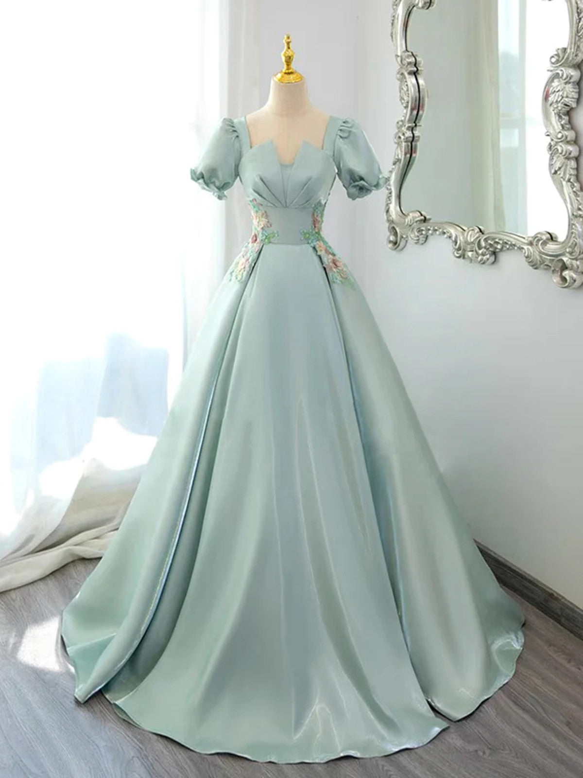 Green Satin Short Sleeves Long Formal Dress, Green Satin Prom Dress Ev Cutedressy Green Satin Short Sleeves Long Formal Dress, Green Satin Prom Dress Ev Cutedressy