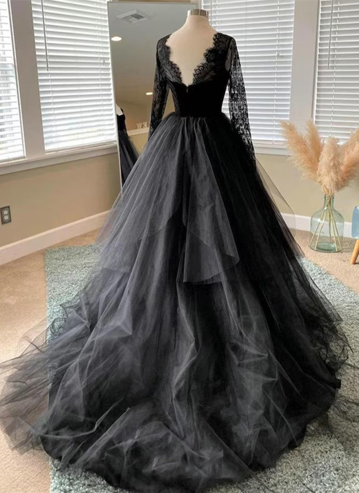 Black A-line Long Lace Sleeves Tulle Formal Dress, Black Prom Dress Party Dress Black A-line Long Lace Sleeves Tulle Formal Dress, Black Prom Dress Party Dress
