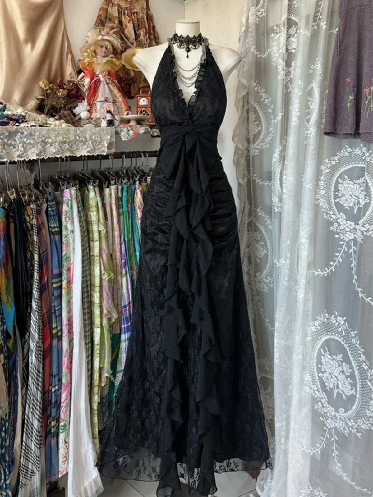 Black Lace V-neckline A-line Halter Party Dress, Black Charming Style Black Lace V-neckline A-line Halter Party Dress, Black Charming Style