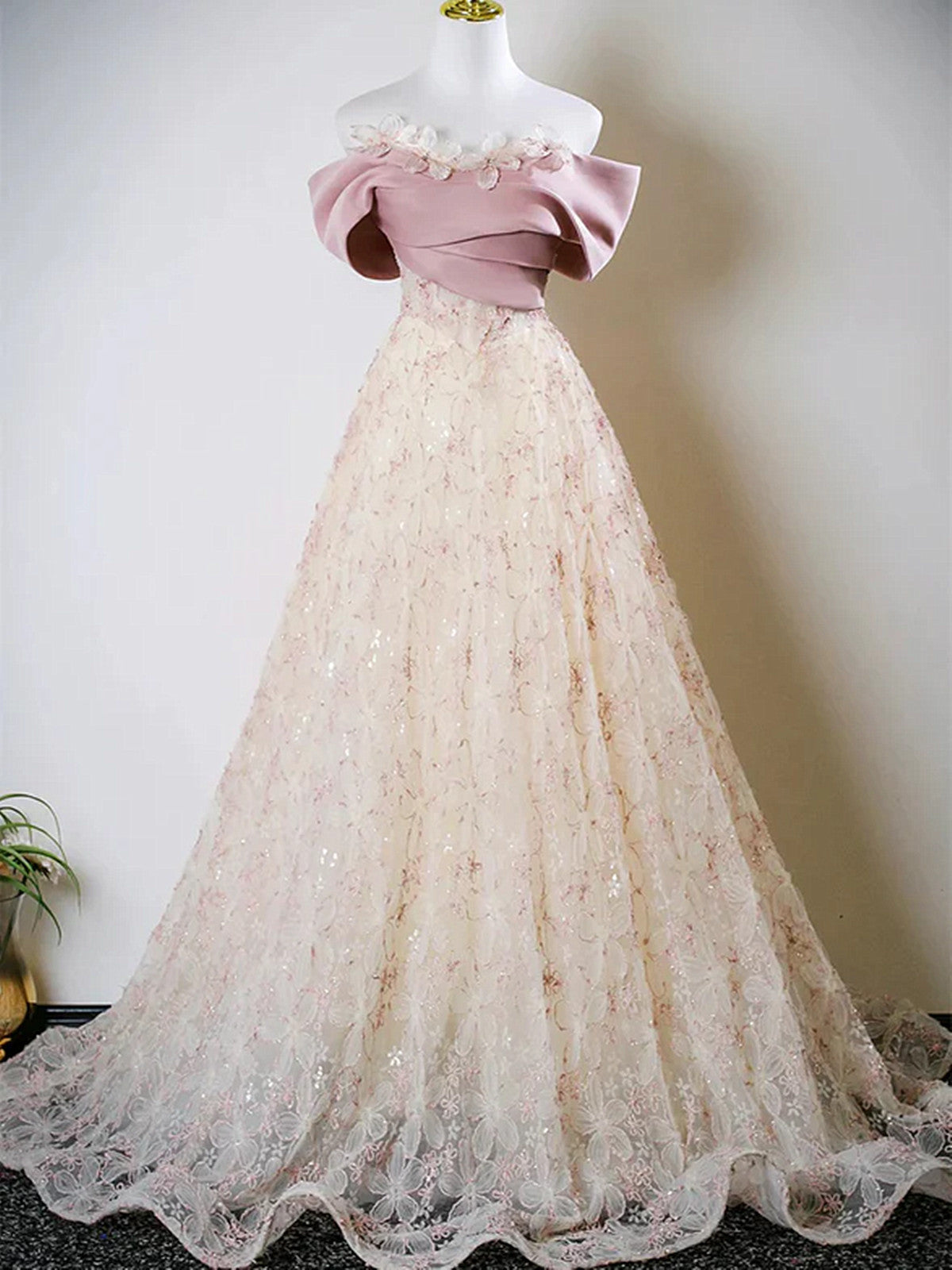 fairytale prom dress Boho Champagne Tulle Sheer Illusion Fairytale stars sequinned ice blue tulle floor length A Prom Dress Modern Fairytale Dress