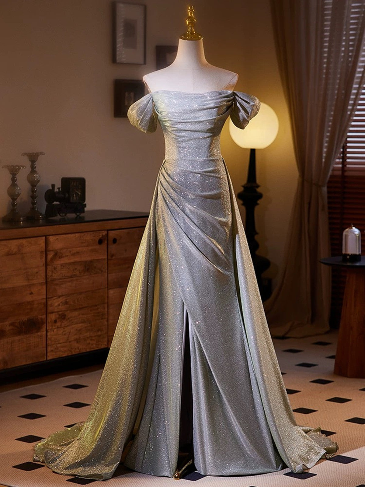 Shiny Sliver Grey A-line Long Formal Dress, Simple Grey Off Shoulder P Cutedressy Shiny Sliver Grey A-line Long Formal Dress, Simple Grey Off Shoulder P Cutedressy