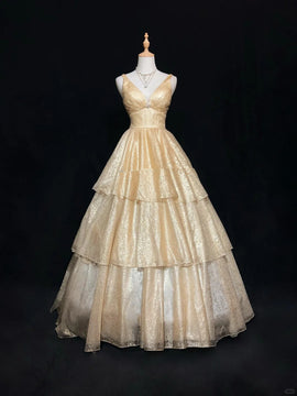 Champagne V-neckline Tulle Layers Formal Dress, Champagne Party Dress Prom Dress