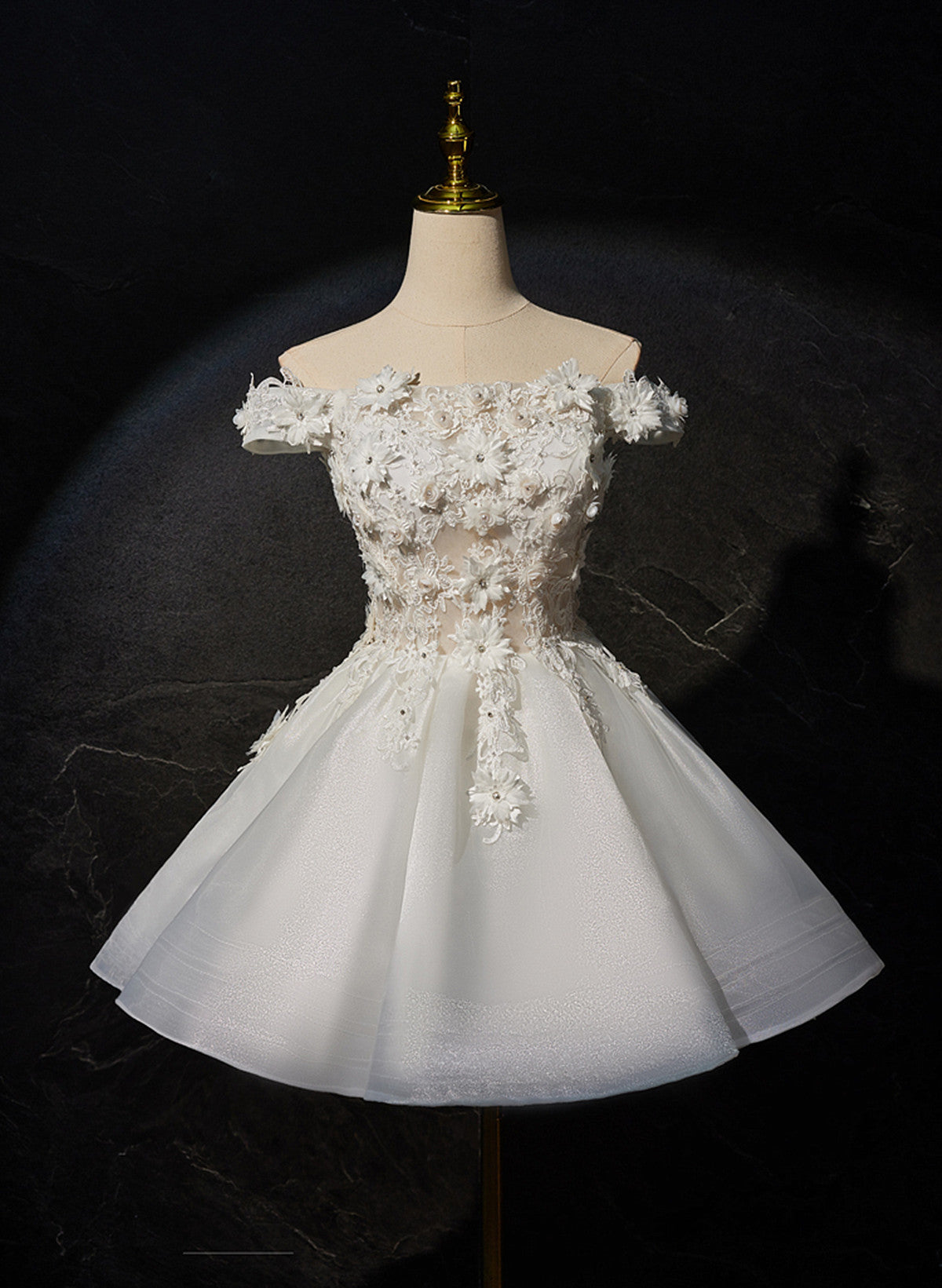 White Lovely Short Tulle with Lace Off Shoulder Party Dress, White Gra Cutedressy White Lovely Short Tulle with Lace Off Shoulder Party Dress, White Gra Cutedressy