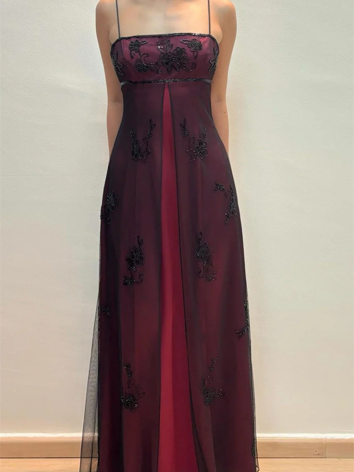 A-line Black and Red Straps Beaded Long Formal Dress, Black and Red Ev –  Cutedressy