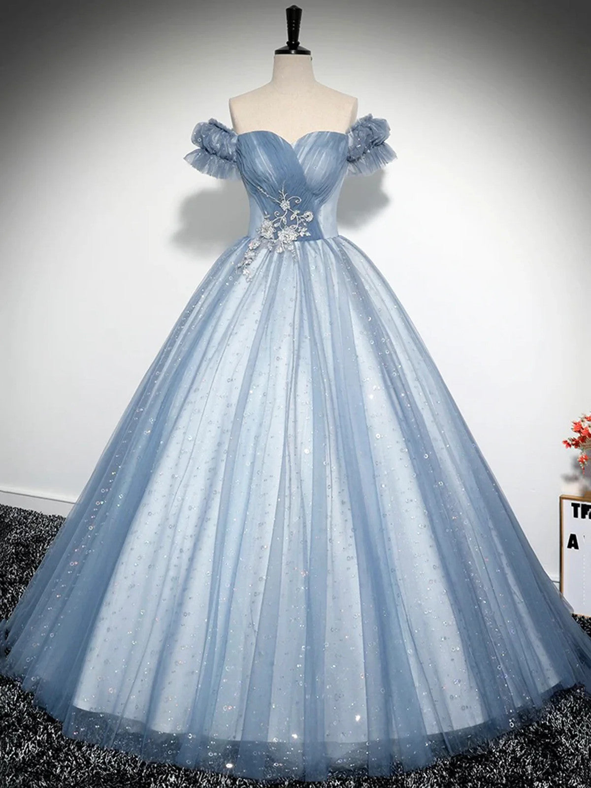 bluish grey dress A-line Blue-Grey Tulle Sweetheart Party Dress, Tulle Long Prom Dress E – Cutedressy