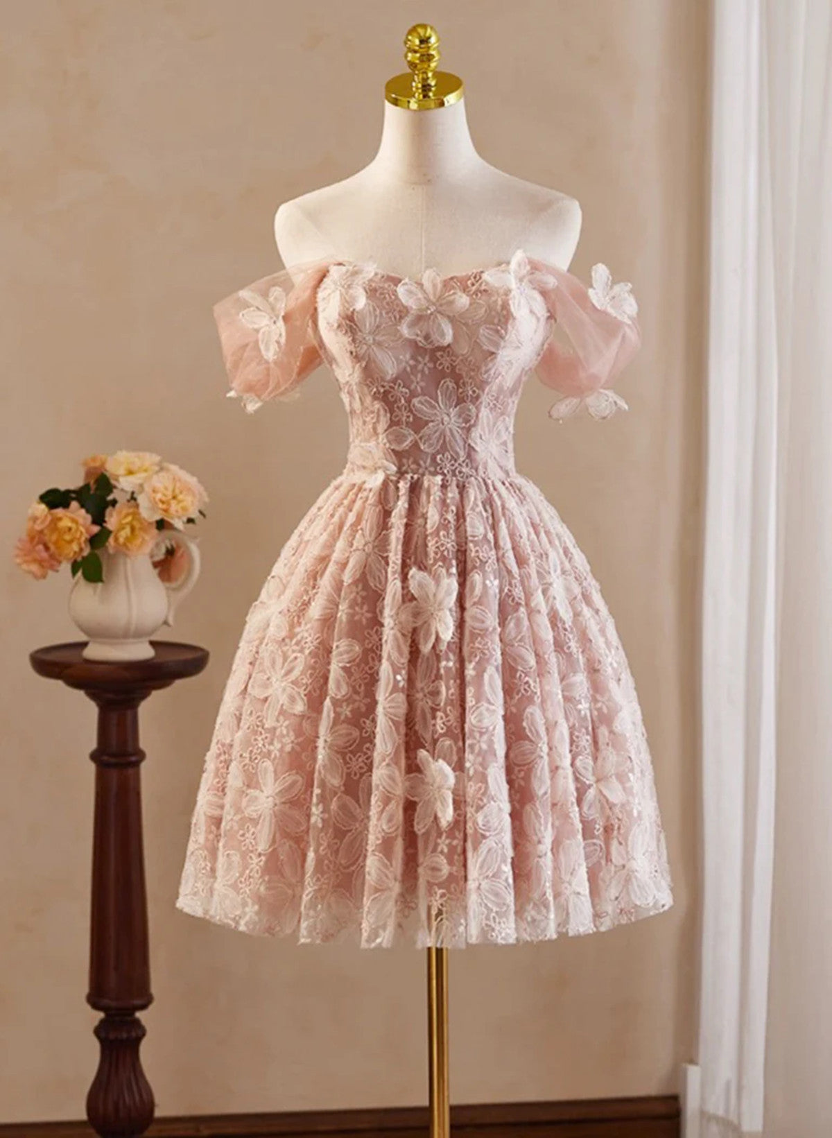 Cute Lace Off Shoulder Knee Length Homecoming Dress, Sweetheart Short Cutedressy Cute Lace Off Shoulder Knee Length Homecoming Dress, Sweetheart Short Cutedressy