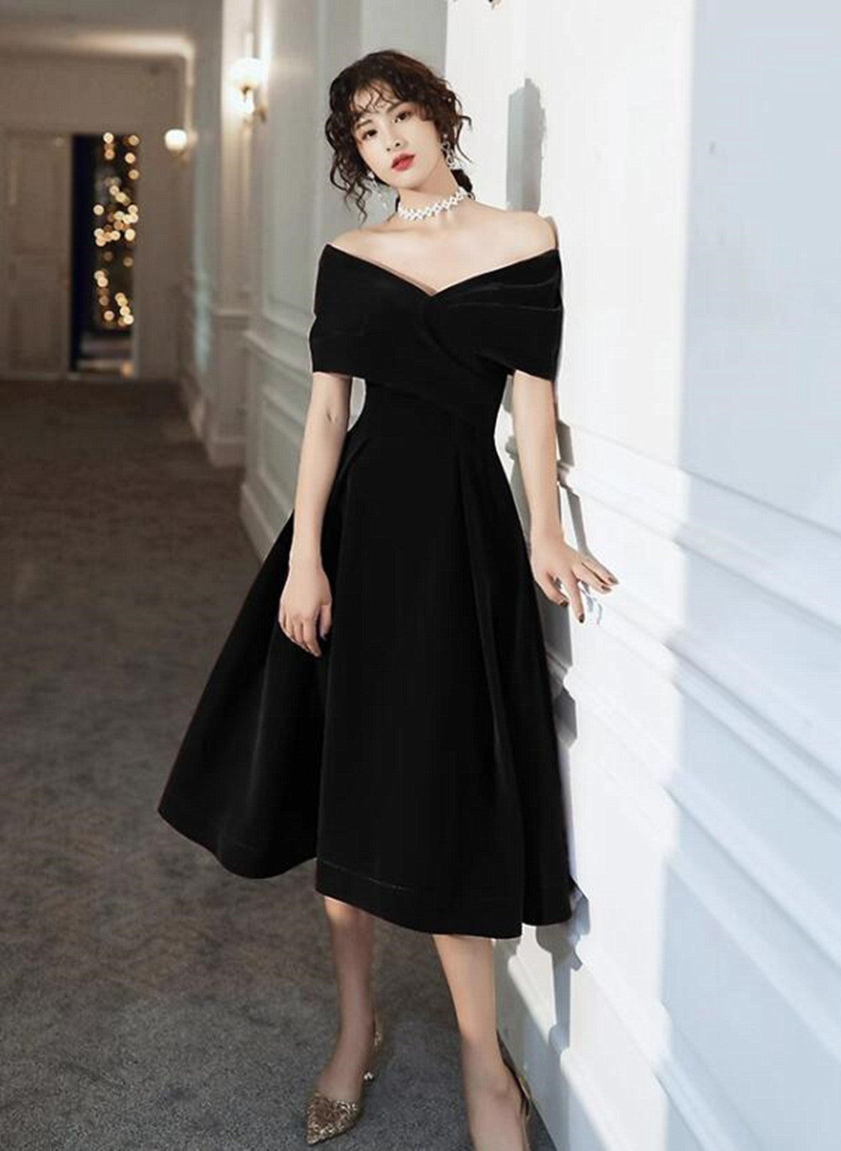 Off Shoulder Black Velvet Tea Length Party Dress, Off Shoulder Velvet Cutedressy Off Shoulder Black Velvet Tea Length Party Dress, Off Shoulder Velvet Cutedressy