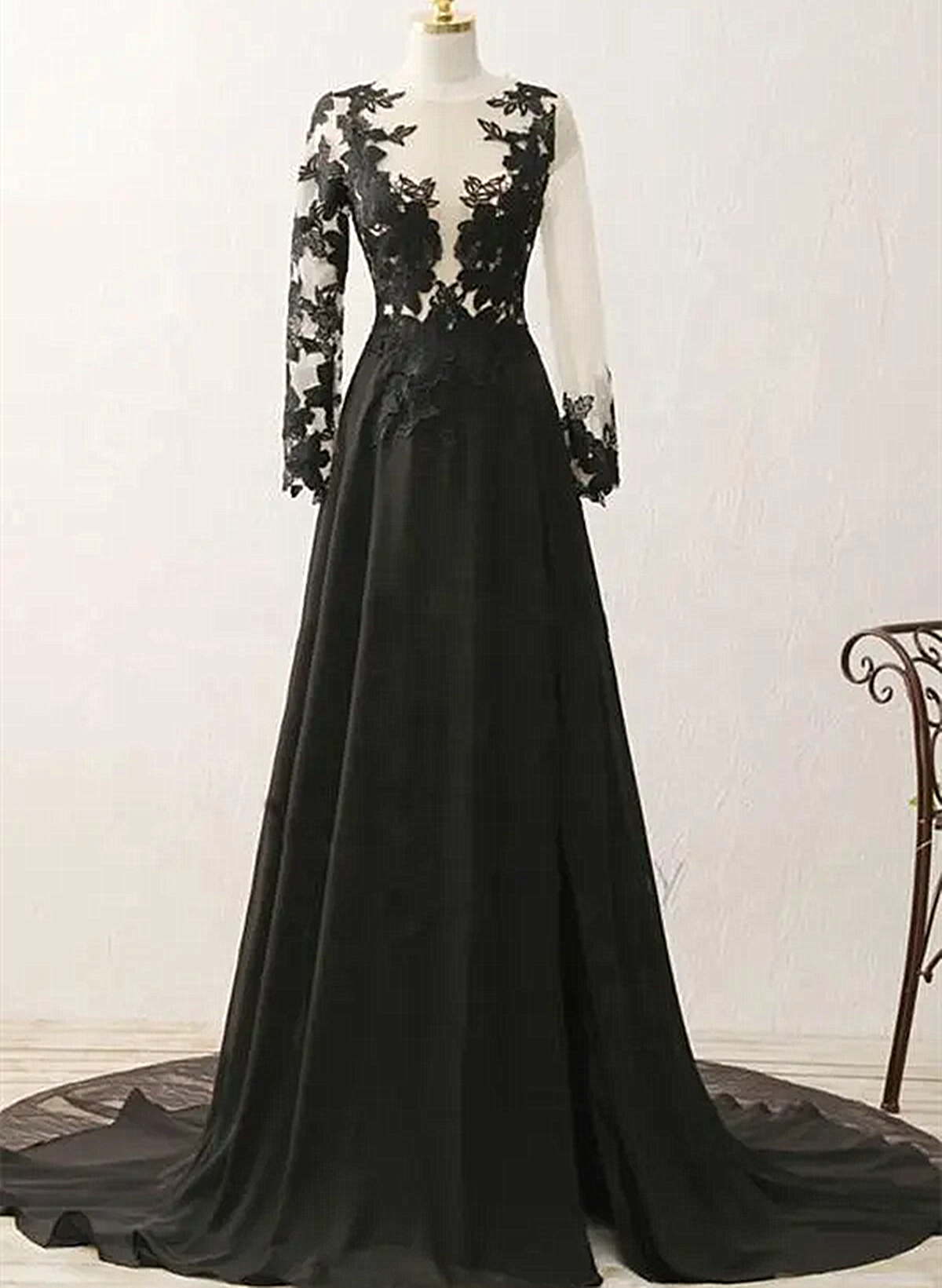 Black Long Sleeves Chiffon with Lace Evening Dress, Black A-line Party
