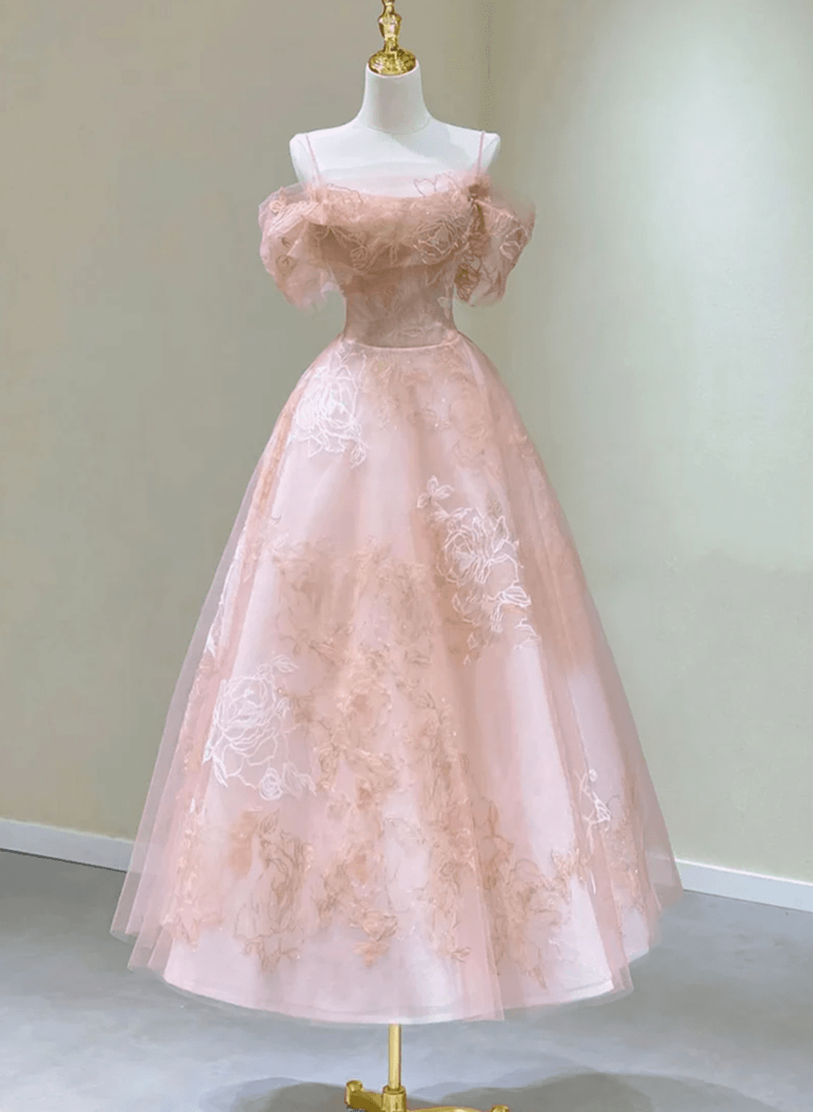 Pink Tulle Tea Length Floral Lace Party Dress, Pink Graduation Dress P Cutedressy Pink Tulle Tea Length Floral Lace Party Dress, Pink Graduation Dress P Cutedressy