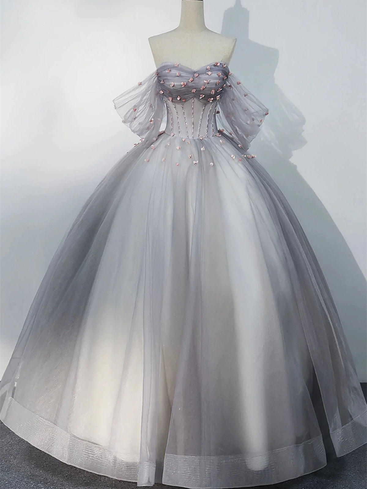 grey flower prom dress Grey Tulle A-line V neck Long Prom Dresses With Flowers Evening Dresses, MP253