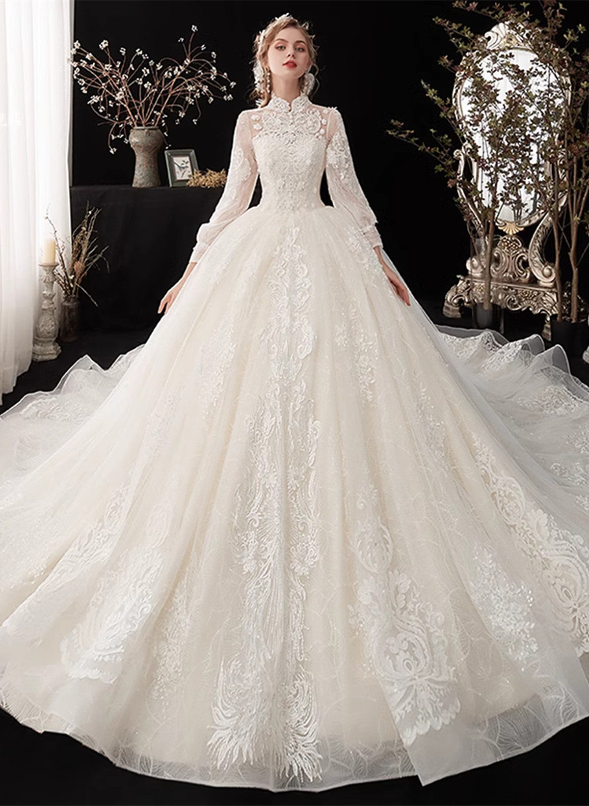 Ivory High Neckline Lace Puffy Sleeves Wedding Dress, Ivory Long Forma Cutedressy Ivory High Neckline Lace Puffy Sleeves Wedding Dress, Ivory Long Forma Cutedressy