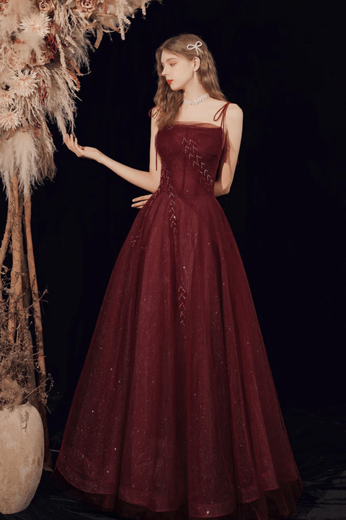 Wine Red Straps Tulle Beaded Long Prom Dress, Wine Red A-line Formal Dress