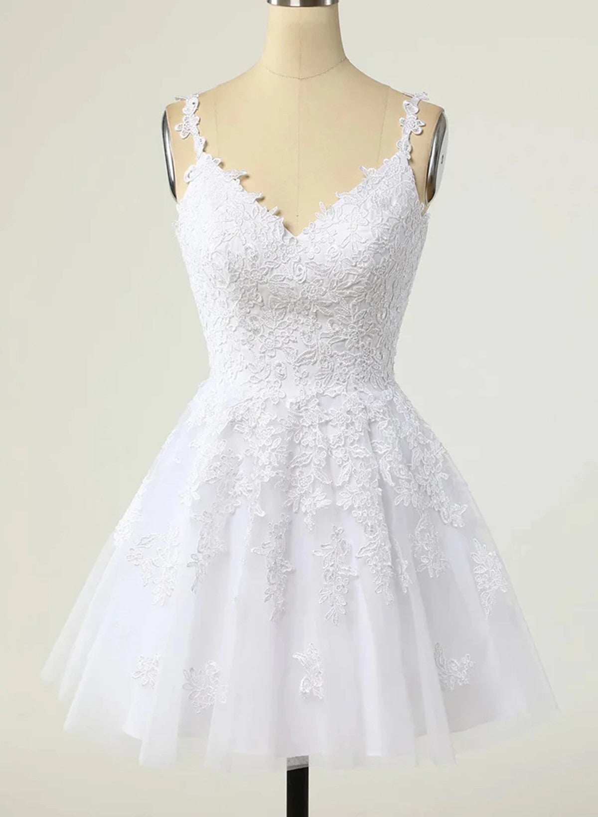 Cute V-neckline White Tulle with Lace Graduation Dress, White Short Pa Cutedressy Cute V-neckline White Tulle with Lace Graduation Dress, White Short Pa Cutedressy