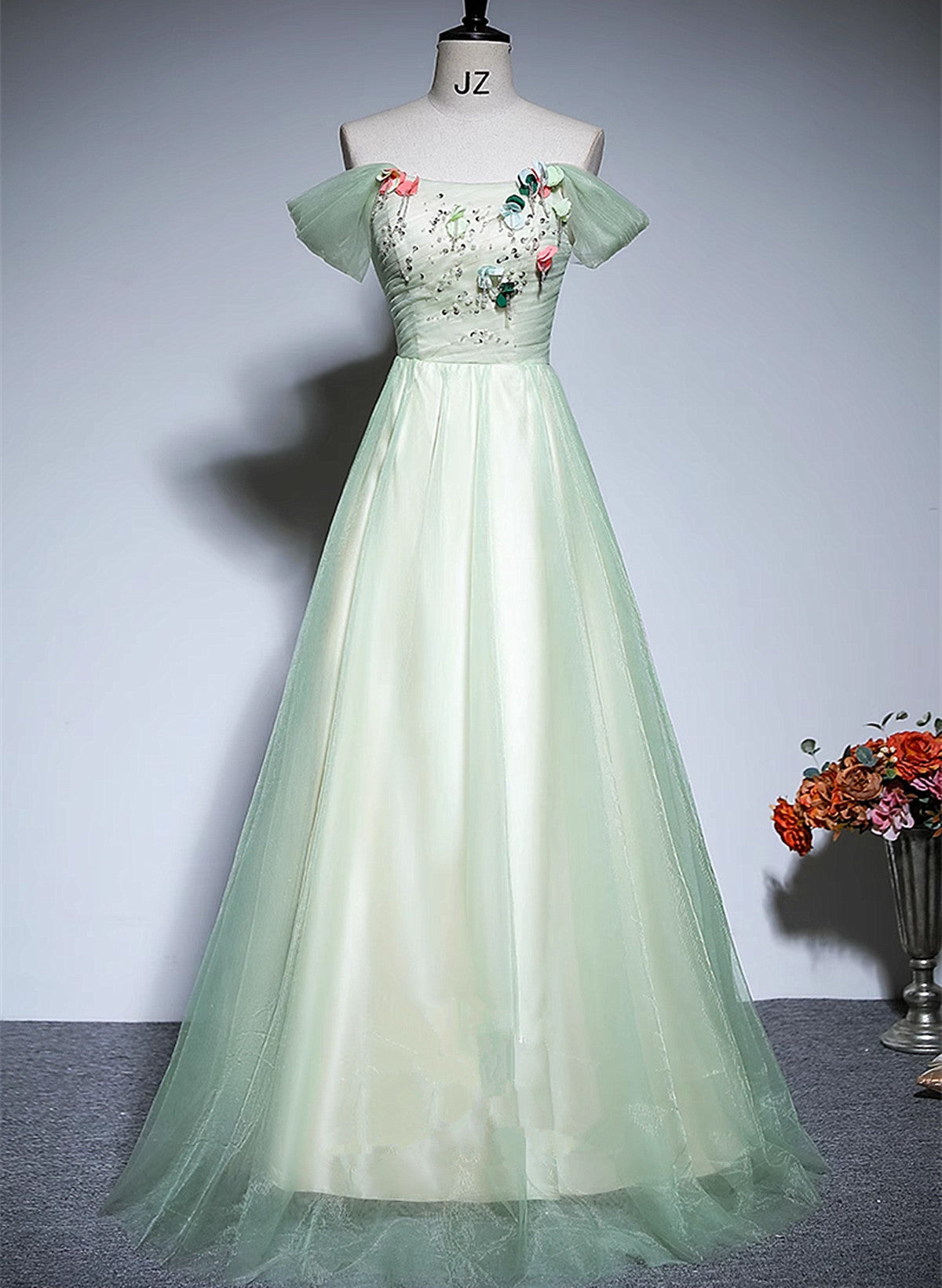 Green A-line Off Shoulder Tulle Long Formal Dress, Green Long Prom Dre Cutedressy Green A-line Off Shoulder Tulle Long Formal Dress, Green Long Prom Dre Cutedressy