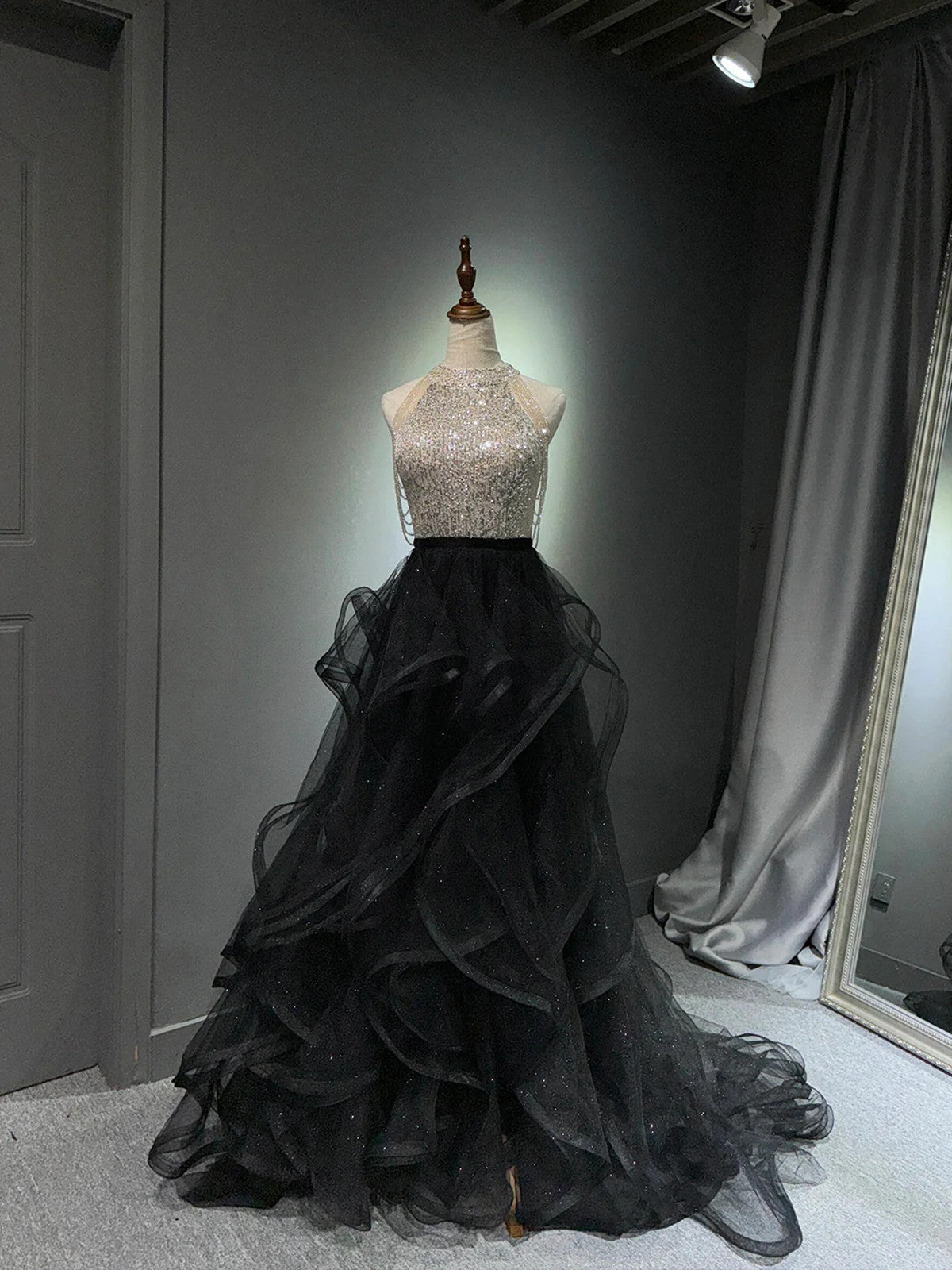 Black Halter Tulle Beaded and Sequins A-line Party Dress, Black Tulle Cutedressy Black Halter Tulle Beaded and Sequins A-line Party Dress, Black Tulle Cutedressy