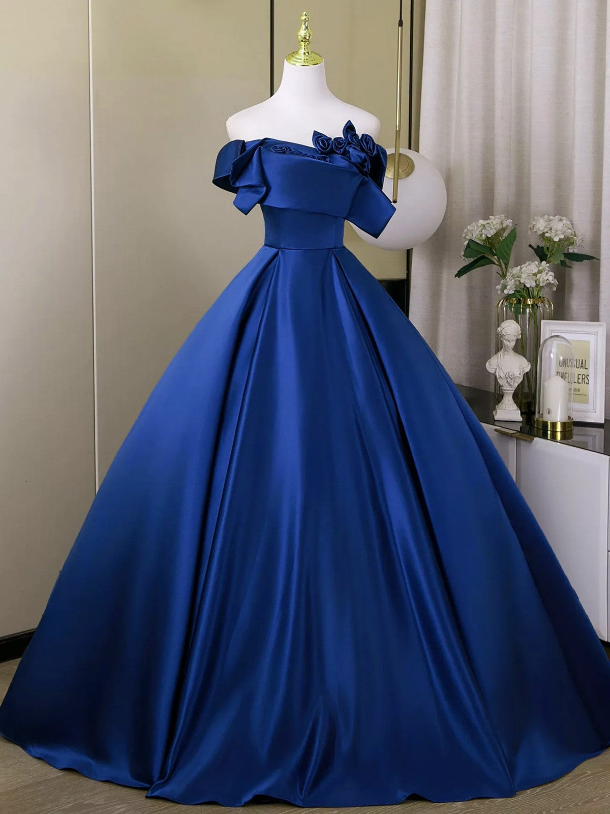 blue satin a line dress A-line V-neck Beaded Bodice Navy Blue Satin Long Prom Dresses APD3021
