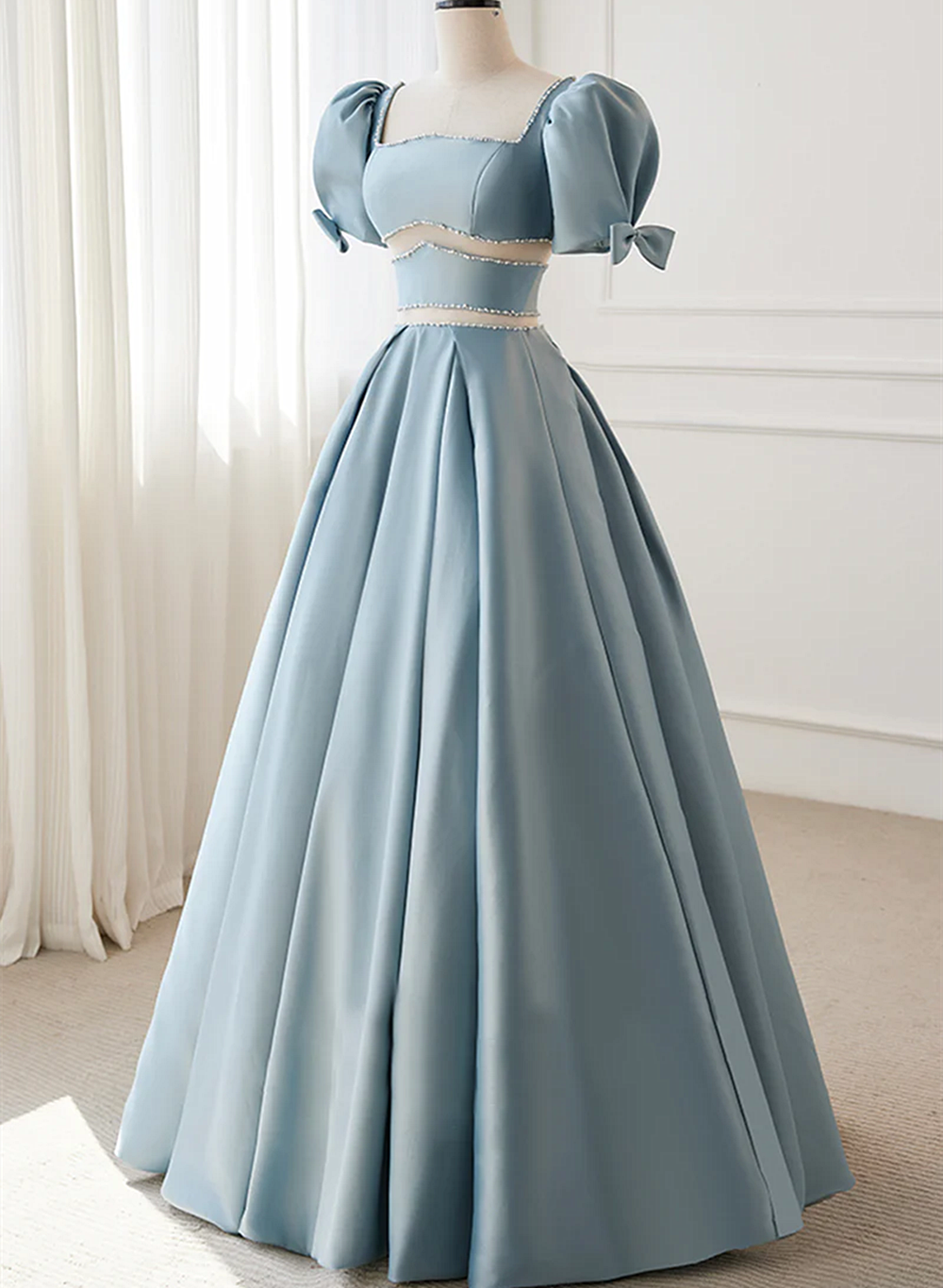 Blue Satin A-line Beaded Chic Long Prom Dress Party Dress, Blue Satin Cutedressy Blue Satin A-line Beaded Chic Long Prom Dress Party Dress, Blue Satin Cutedressy