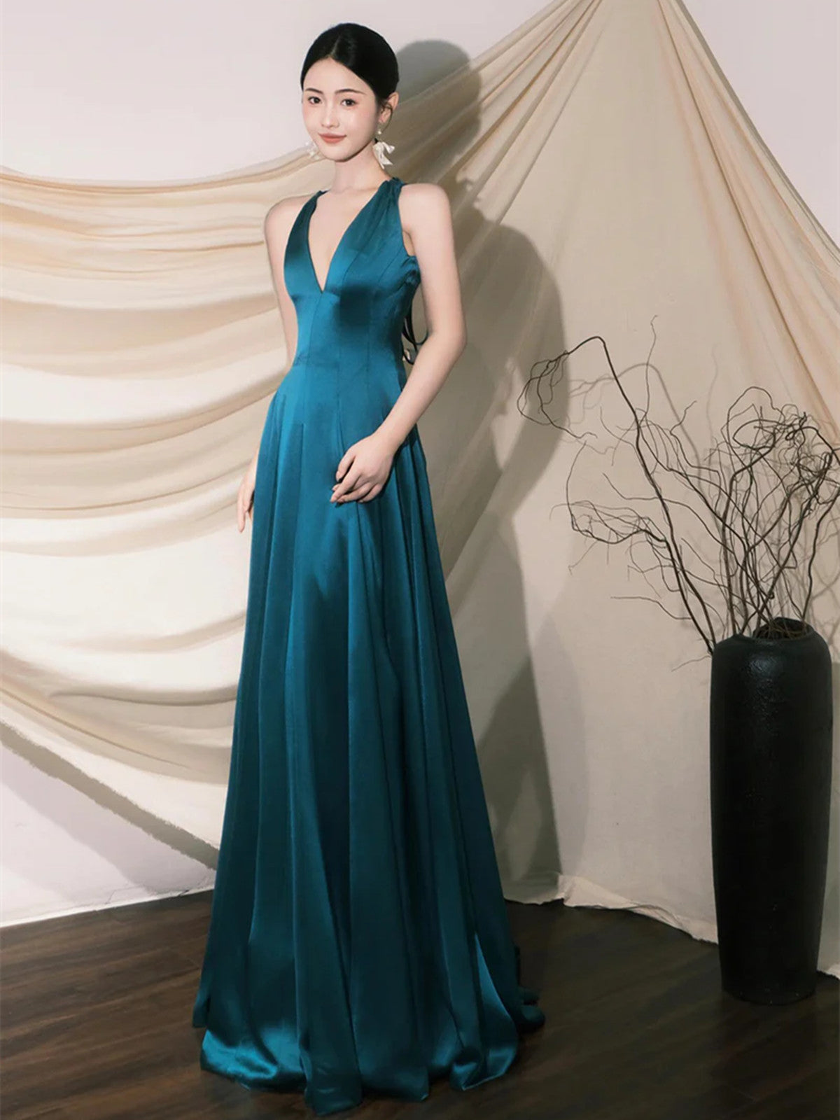 Cute V-neck Satin Long Prom Dress, Blue A-Line Low Back Evening Party Cutedressy Cute V-neck Satin Long Prom Dress, Blue A-Line Low Back Evening Party Cutedressy