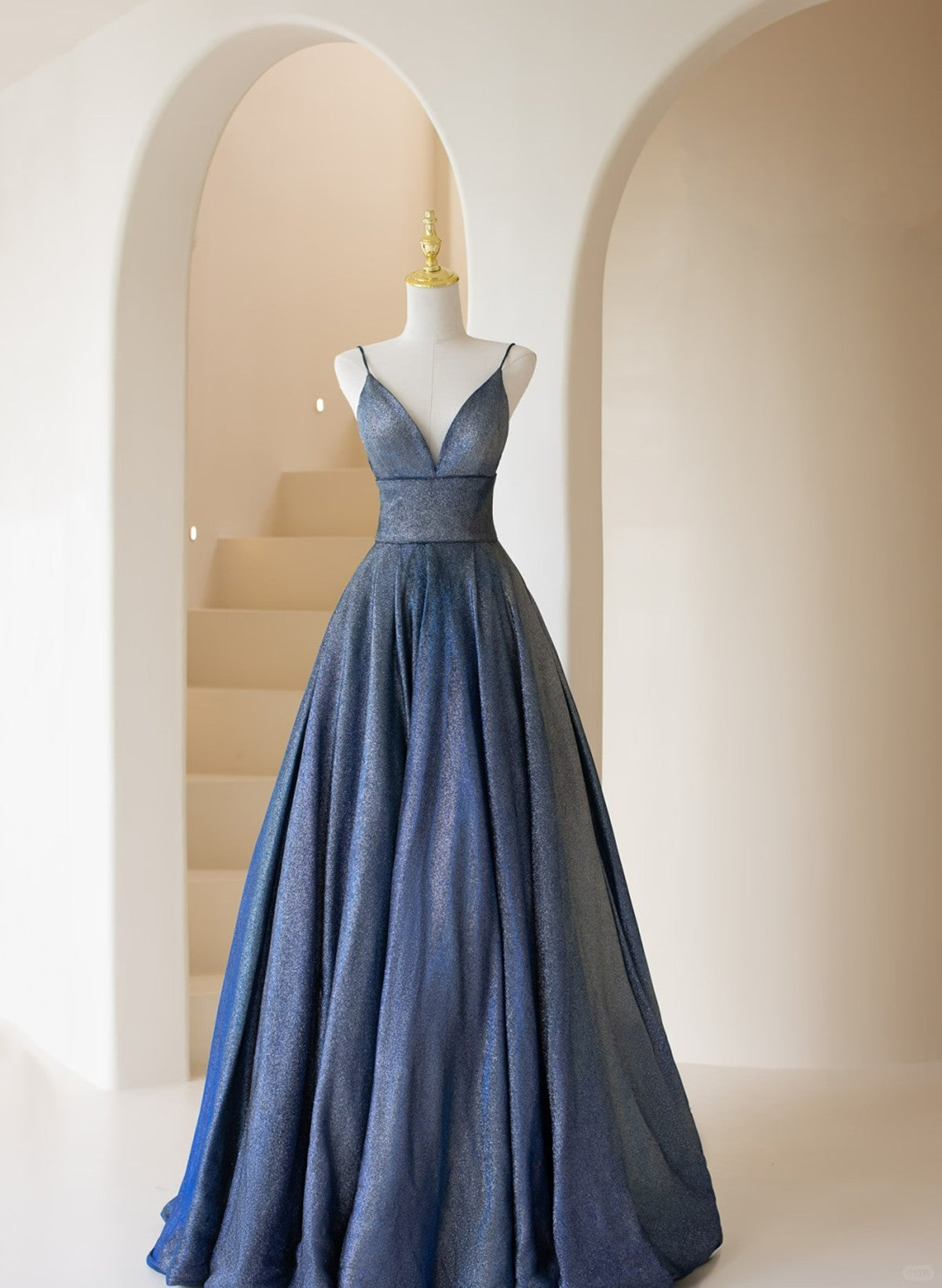 Blue V-neckline Straps Low Back A-line Prom Dress, Blue Long Evening D Cutedressy Blue V-neckline Straps Low Back A-line Prom Dress, Blue Long Evening D Cutedressy
