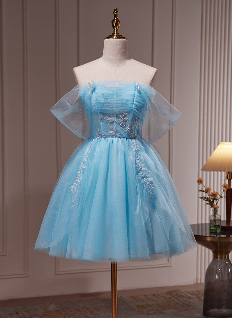 Lovely Light Blue Tulle Short Beaded Formal Dress, Blue Homecoming Dre Cutedressy Lovely Light Blue Tulle Short Beaded Formal Dress, Blue Homecoming Dre Cutedressy