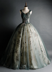 Dusty Green Ball Gown Beaded Tulle Formal Dress, Ball Gown Sweet 16 Dresses Dusty Green Ball Gown Beaded Tulle Formal Dress, Ball Gown Sweet 16 Dresses