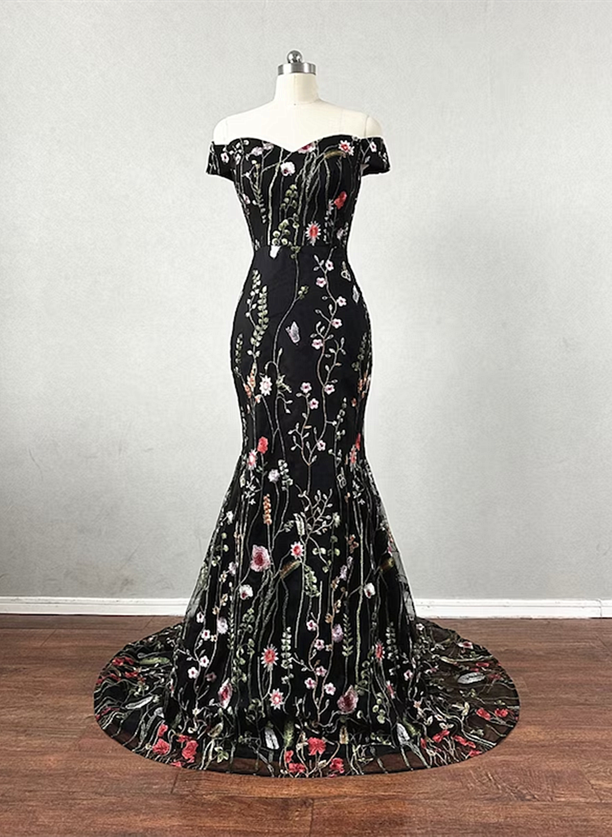 Black Floral Lace Mermaid Off Shoulder Long Party Dress, Black Evening Black Floral Lace Mermaid Off Shoulder Long Party Dress, Black Evening