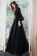 Black Puffy Sleeves Tulle with Lace Long Evening Dress, A-line Back Long Formal Dress Black Puffy Sleeves Tulle with Lace Long Evening Dress, A-line Back Long Formal Dress