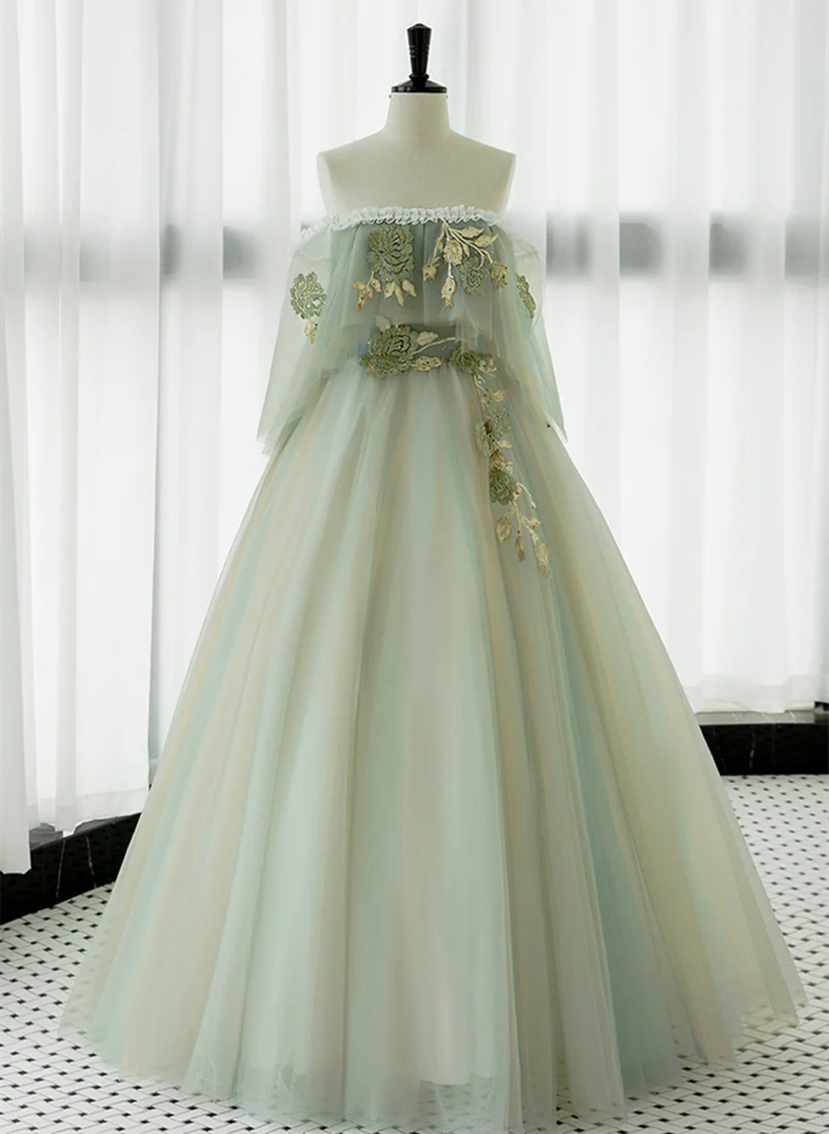 Light Green Scoop Off Shoulder A-line Tulle Prom Dress, Light Green Ev Cutedressy Light Green Scoop Off Shoulder A-line Tulle Prom Dress, Light Green Ev Cutedressy