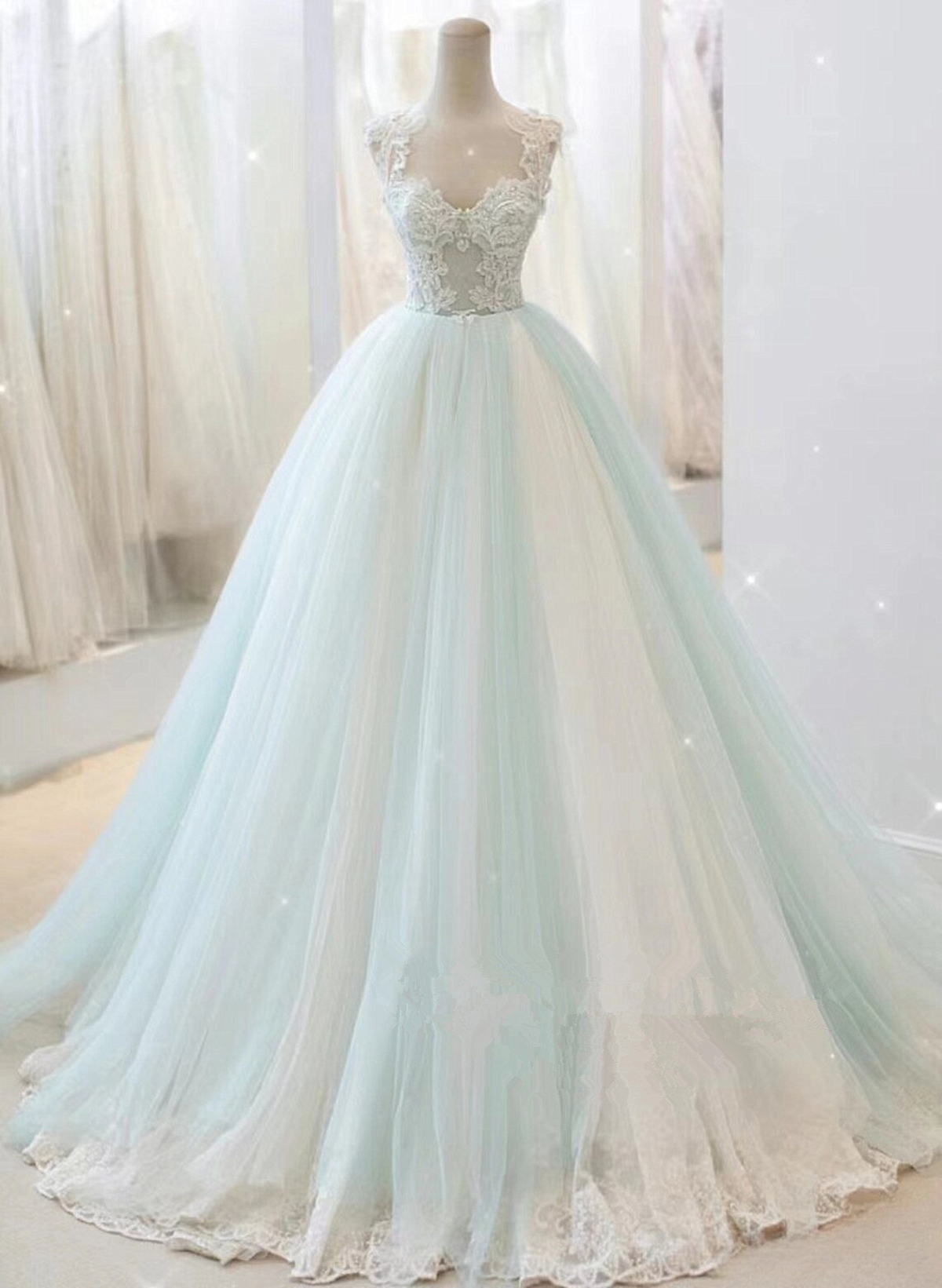 Glam White and Mint Green Tulle with Lace Party Dress, Straps Formal D Cutedressy Glam White and Mint Green Tulle with Lace Party Dress, Straps Formal D Cutedressy