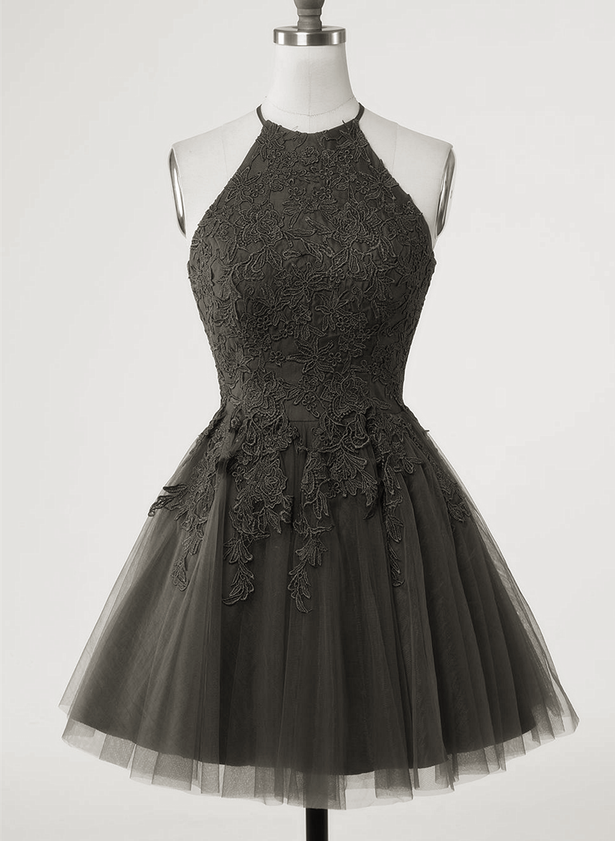 Black Halter Tulle with Lace Short Party Dress, Black Tulle Homecoming Cutedressy Black Halter Tulle with Lace Short Party Dress, Black Tulle Homecoming Cutedressy