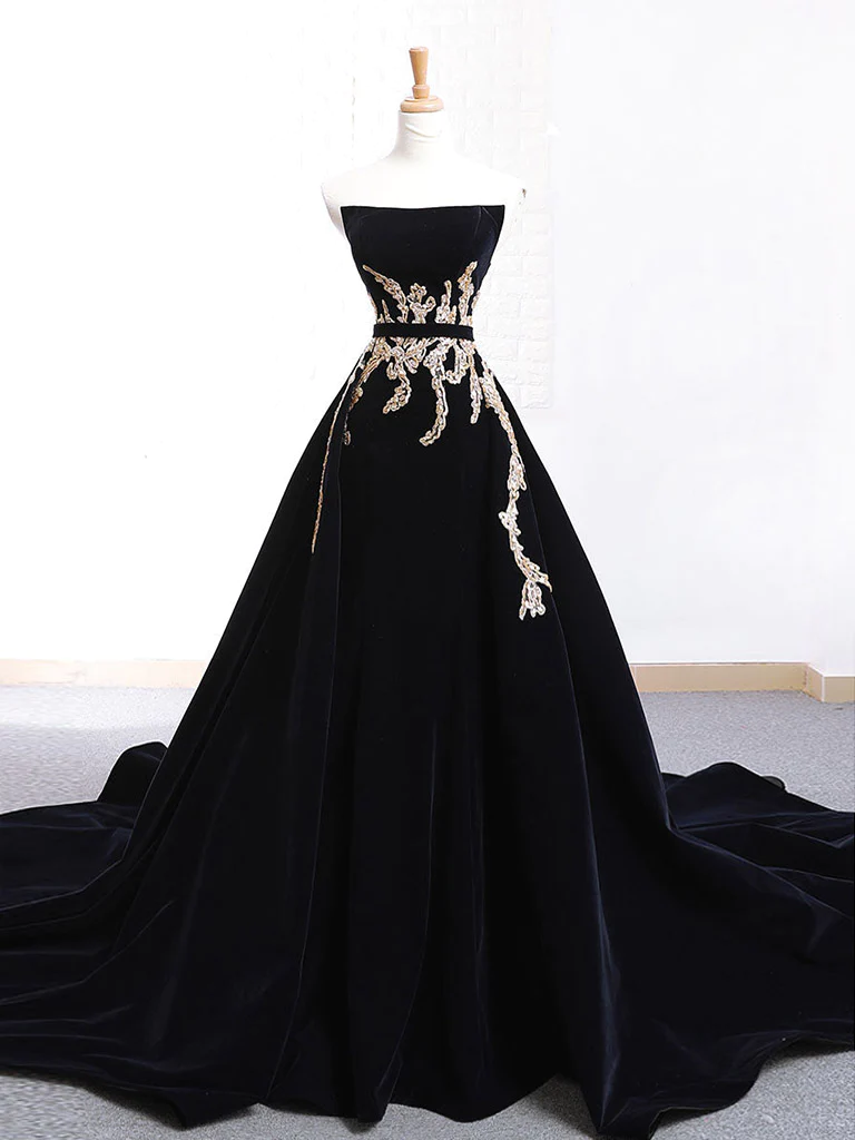 Glam Black Velvet Long Formal Gown with Gold Lace, Black Velvet Prom D
