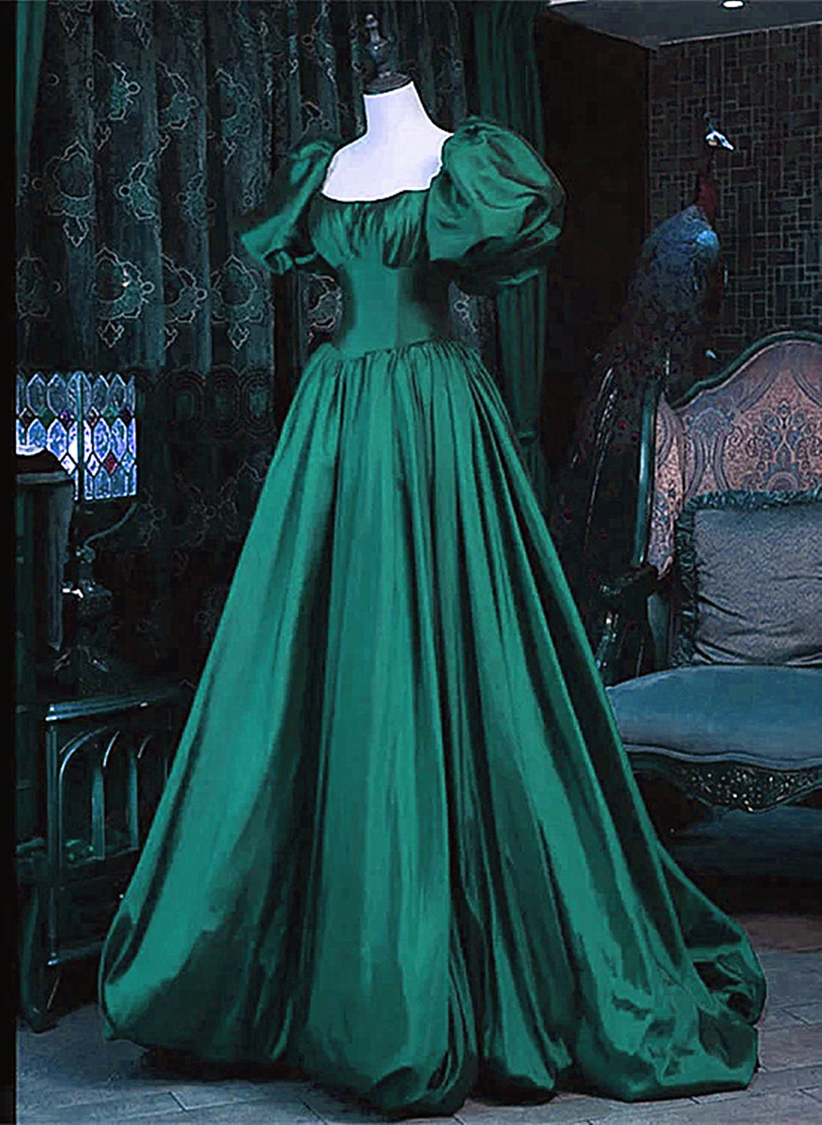 Green Scoop Short Sleeves Taffeta Long Party Dress, Green Long Evening Cutedressy Green Scoop Short Sleeves Taffeta Long Party Dress, Green Long Evening Cutedressy