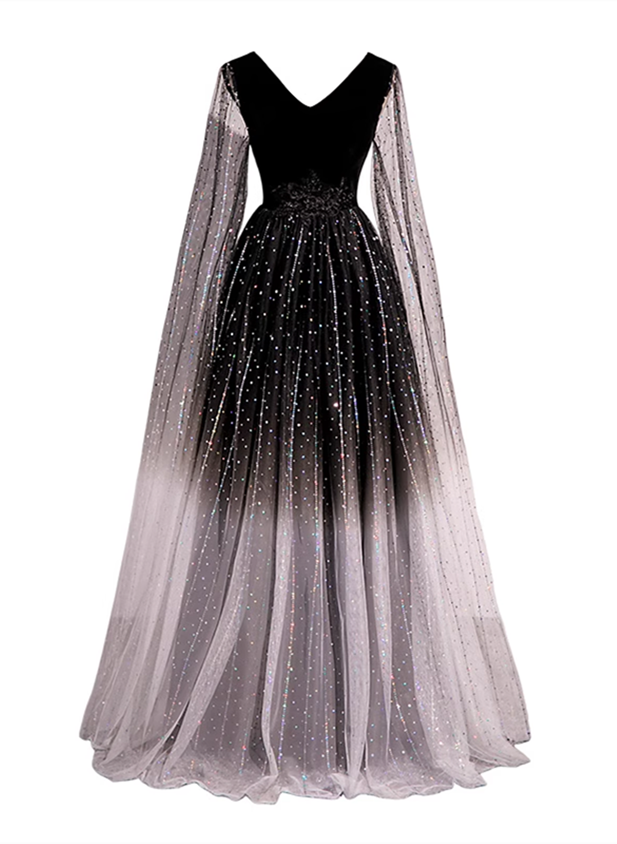 Black Gradient Tulle V-neckline Long Beaded Prom Dress, Black Party Dr Cutedressy Black Gradient Tulle V-neckline Long Beaded Prom Dress, Black Party Dr Cutedressy