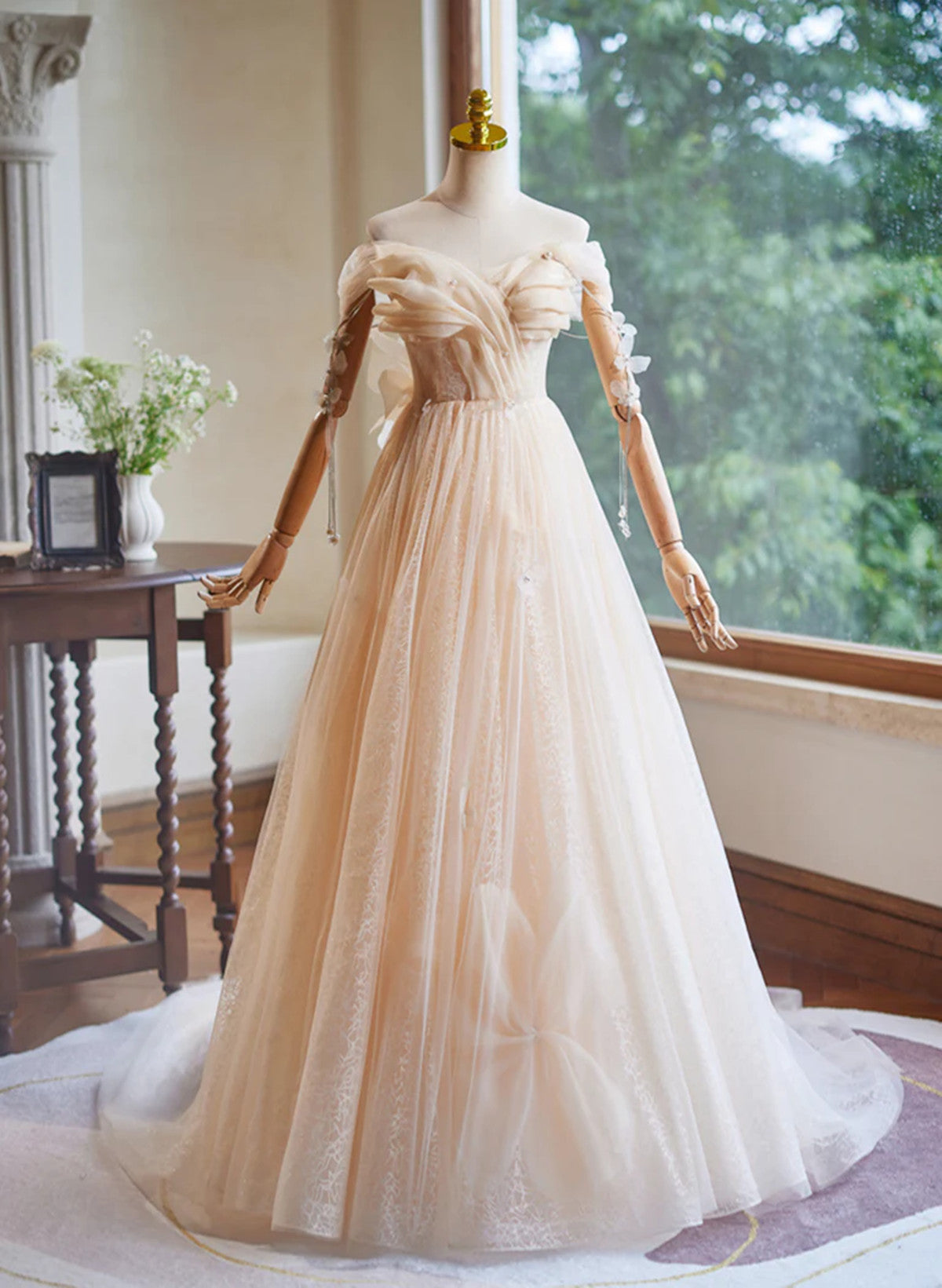 Light Champagne Tulle Long Evening Dress, A-line Off Shoulder Prom Dre Cutedressy Light Champagne Tulle Long Evening Dress, A-line Off Shoulder Prom Dre Cutedressy