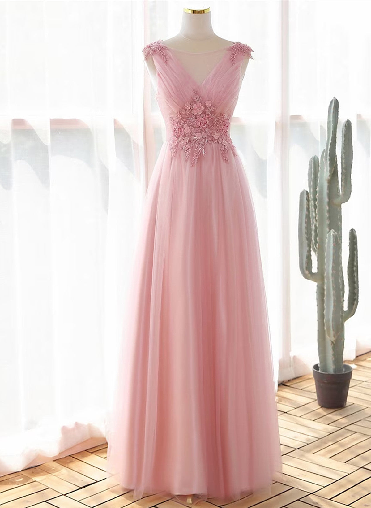 A-line Prom Dress V-neckline Lace Applique Party Dress, Pink Bridesmai