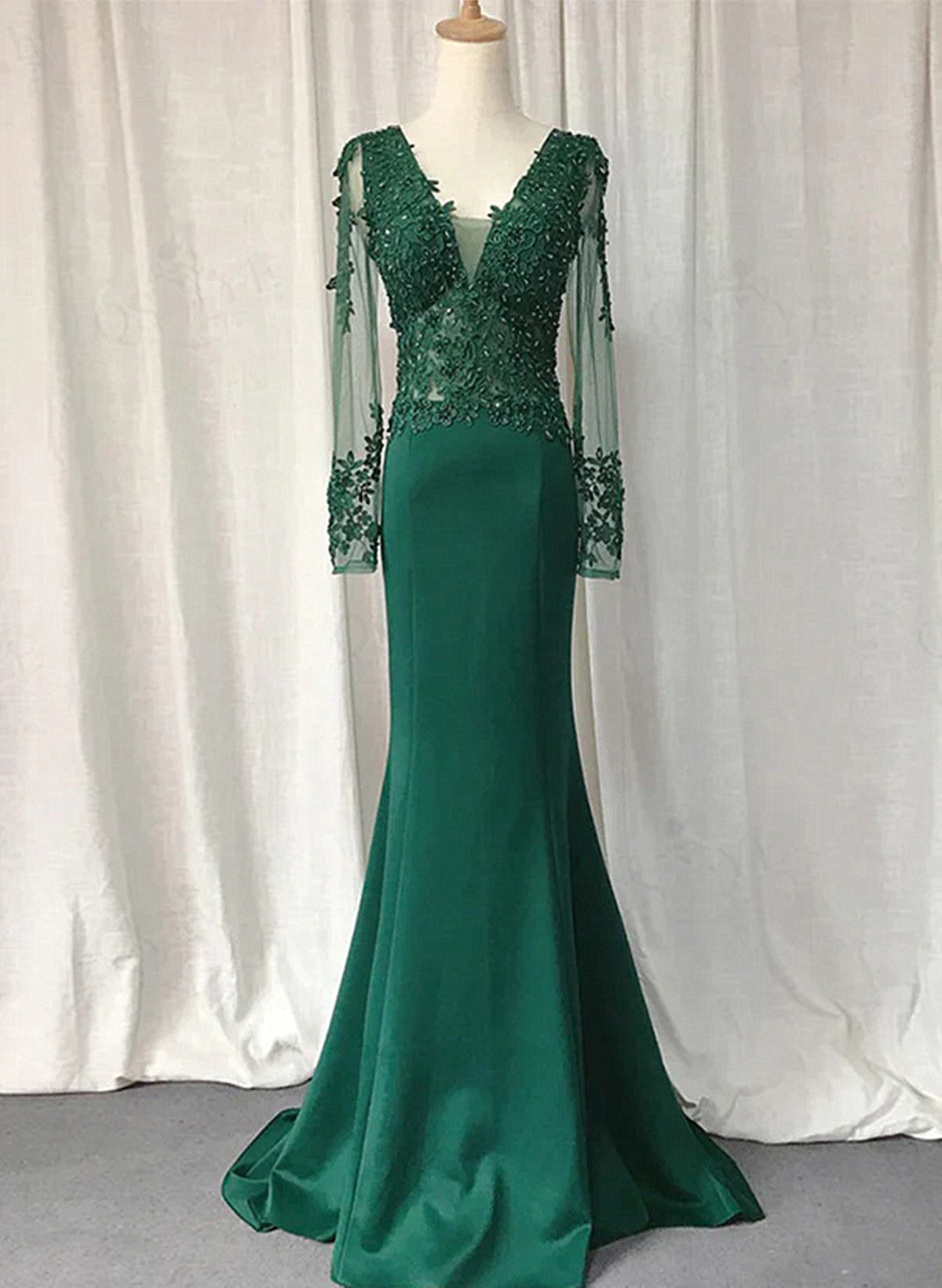Green Mermaid Long Sleeves with Lace Applique Evening Dress, Green Pro Cutedressy Green Mermaid Long Sleeves with Lace Applique Evening Dress, Green Pro Cutedressy