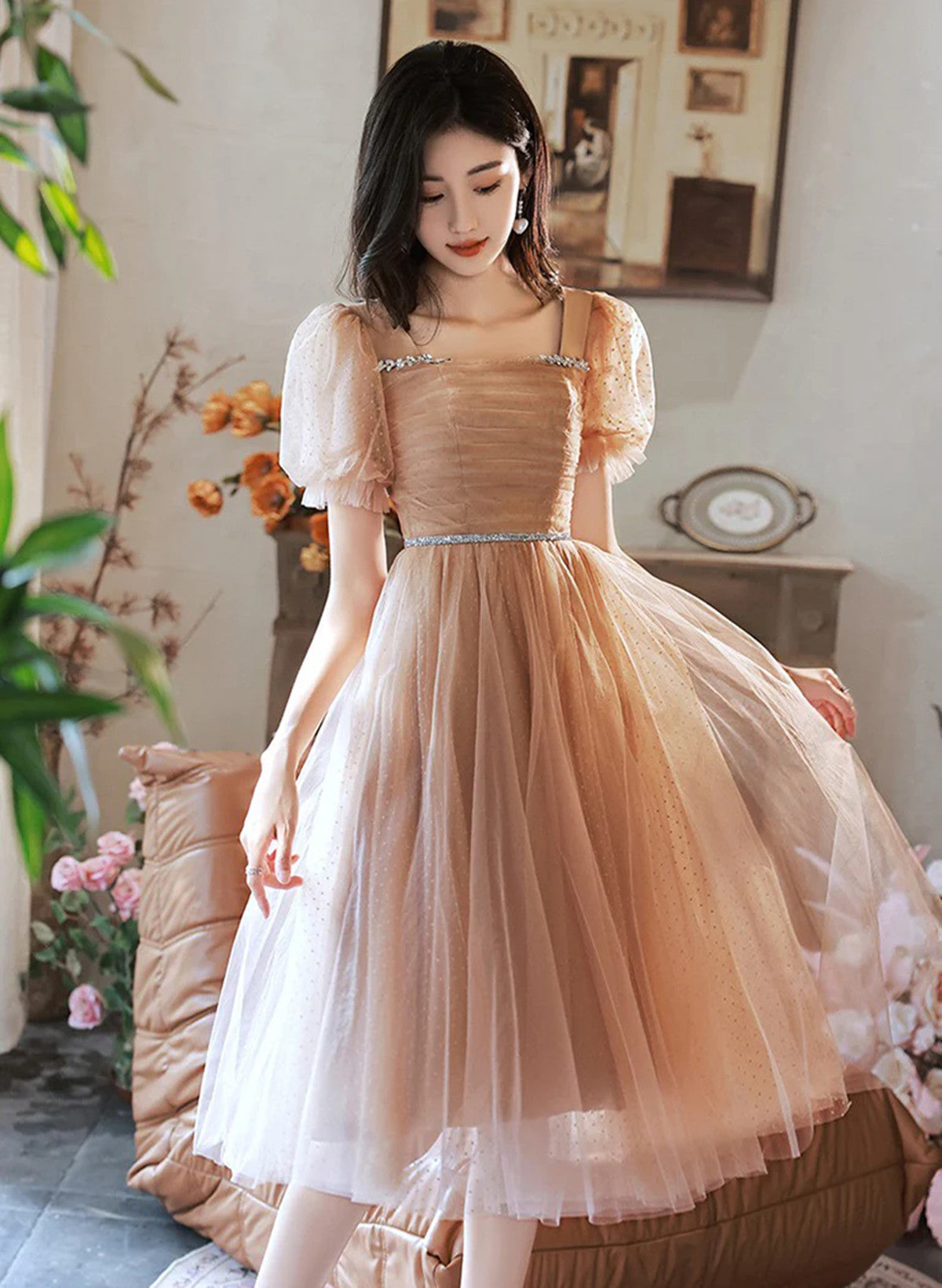 Lovely Champagne Short Sleeves Beaded Homecoming Dress Short Prom Dre