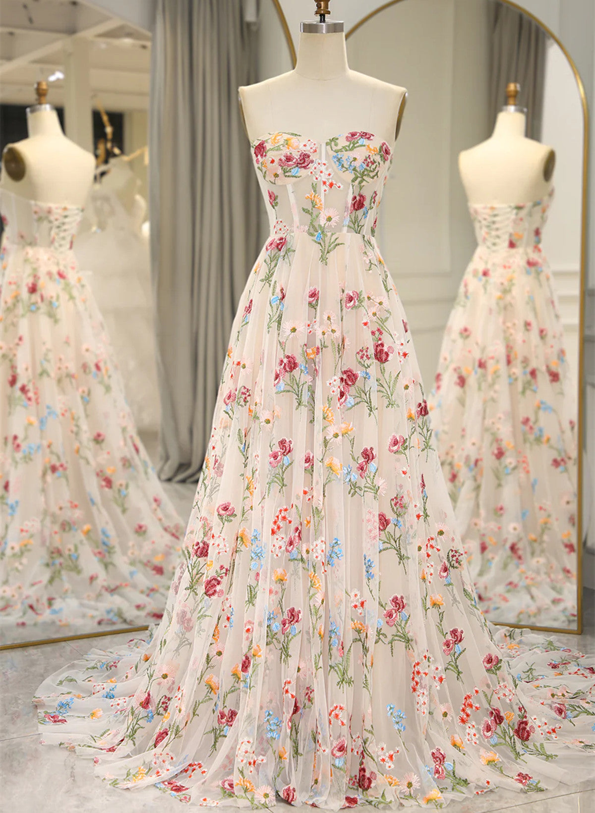 Ivory Floral Tulle Sweetheart Strapless Long Formal Dress, Tulle A-line Prom Dress Ivory Floral Tulle Sweetheart Strapless Long Formal Dress, Tulle A-line Prom Dress