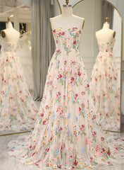 Ivory Floral Tulle Sweetheart Strapless Long Formal Dress, Tulle A-line Prom Dress Ivory Floral Tulle Sweetheart Strapless Long Formal Dress, Tulle A-line Prom Dress