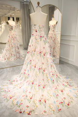 Ivory Floral Tulle Sweetheart Strapless Long Formal Dress, Tulle A-line Prom Dress Ivory Floral Tulle Sweetheart Strapless Long Formal Dress, Tulle A-line Prom Dress