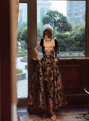 Black A-line Floral Satin Straps Long Party Dress, Black Satin Prom Dress Black A-line Floral Satin Straps Long Party Dress, Black Satin Prom Dress