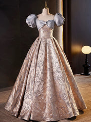 Lovely A-line Floral Satin Short Sleeves Long Prom Dress, Sweetheart Formal Dress Lovely A-line Floral Satin Short Sleeves Long Prom Dress, Sweetheart Formal Dress