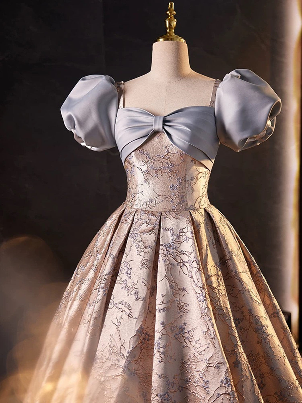 Lovely A-line Floral Satin Short Sleeves Long Prom Dress, Sweetheart Formal Dress Lovely A-line Floral Satin Short Sleeves Long Prom Dress, Sweetheart Formal Dress