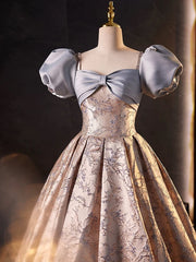Lovely A-line Floral Satin Short Sleeves Long Prom Dress, Sweetheart Formal Dress Lovely A-line Floral Satin Short Sleeves Long Prom Dress, Sweetheart Formal Dress