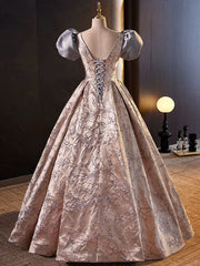 Lovely A-line Floral Satin Short Sleeves Long Prom Dress, Sweetheart Formal Dress Lovely A-line Floral Satin Short Sleeves Long Prom Dress, Sweetheart Formal Dress