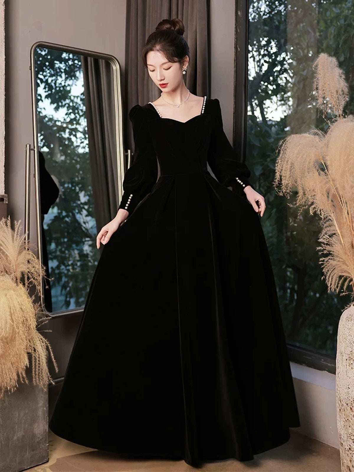 black velvet bridesmaid dresses Black Velvet Long Sleeves A-line Long Formal Dress, Black Bridesmaid D – Cutedressy