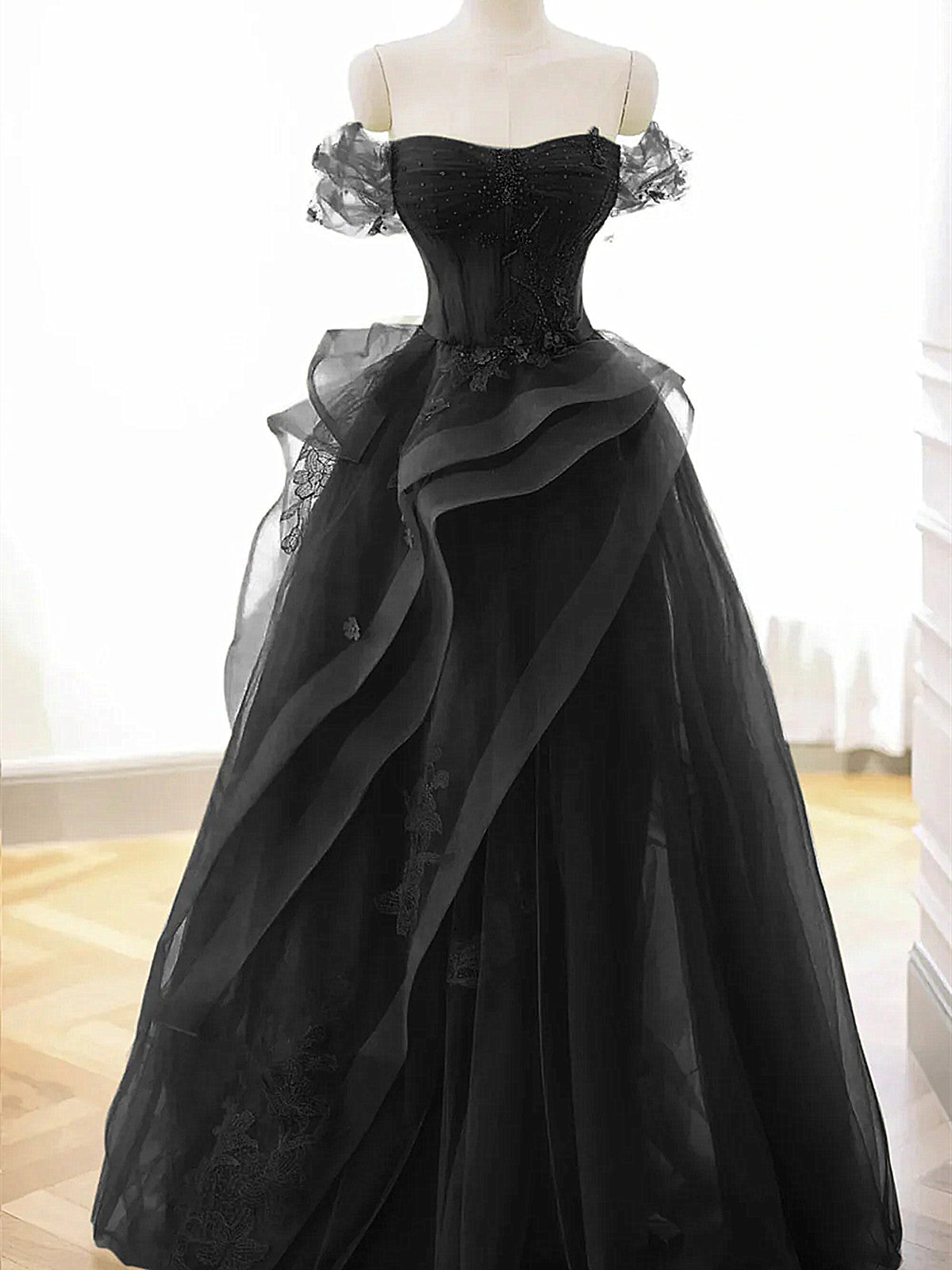 A-line Black Off Shoulder Tulle with Lace Party Dress, Black Tulle Prom Dress A-line Black Off Shoulder Tulle with Lace Party Dress, Black Tulle Prom Dress