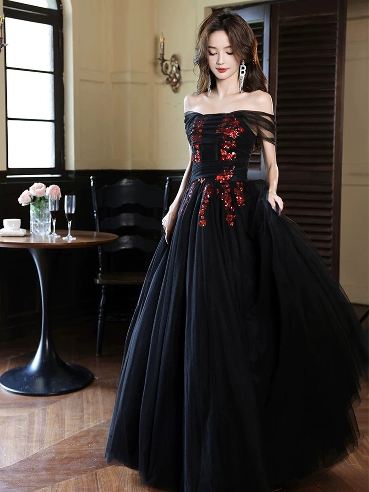 off the shoulder black lace prom dress Black Princess A Line Off the Shoulder Corset Prom Dress with Lace Ruffles Black / 10