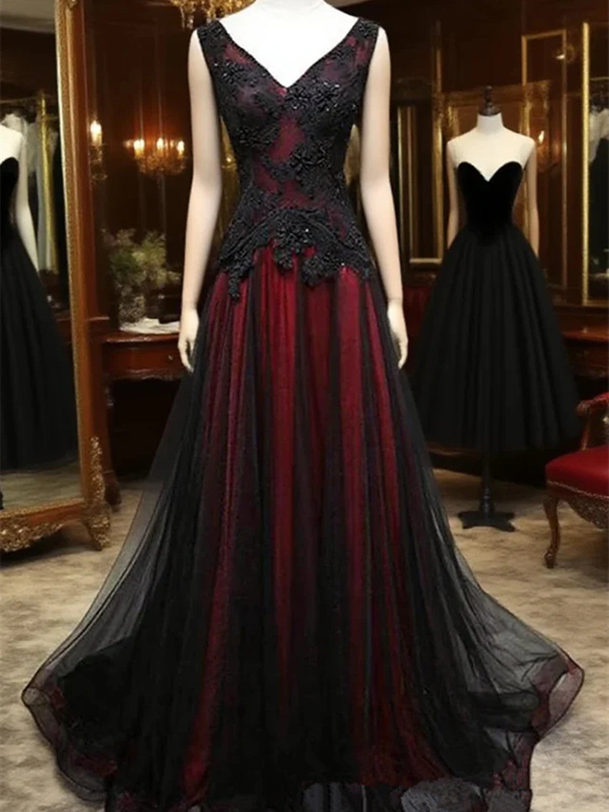 A-line Black and Red Tulle with Lace Floor Length Prom Dress, Black an – Cutedressy A-line Black and Red Tulle with Lace Floor Length Prom Dress, Black an – Cutedressy
